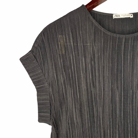 Zara Ribbed Black Knit Sheer Rolled Cuff Short Sleeve Top S - Picture 2 of 6